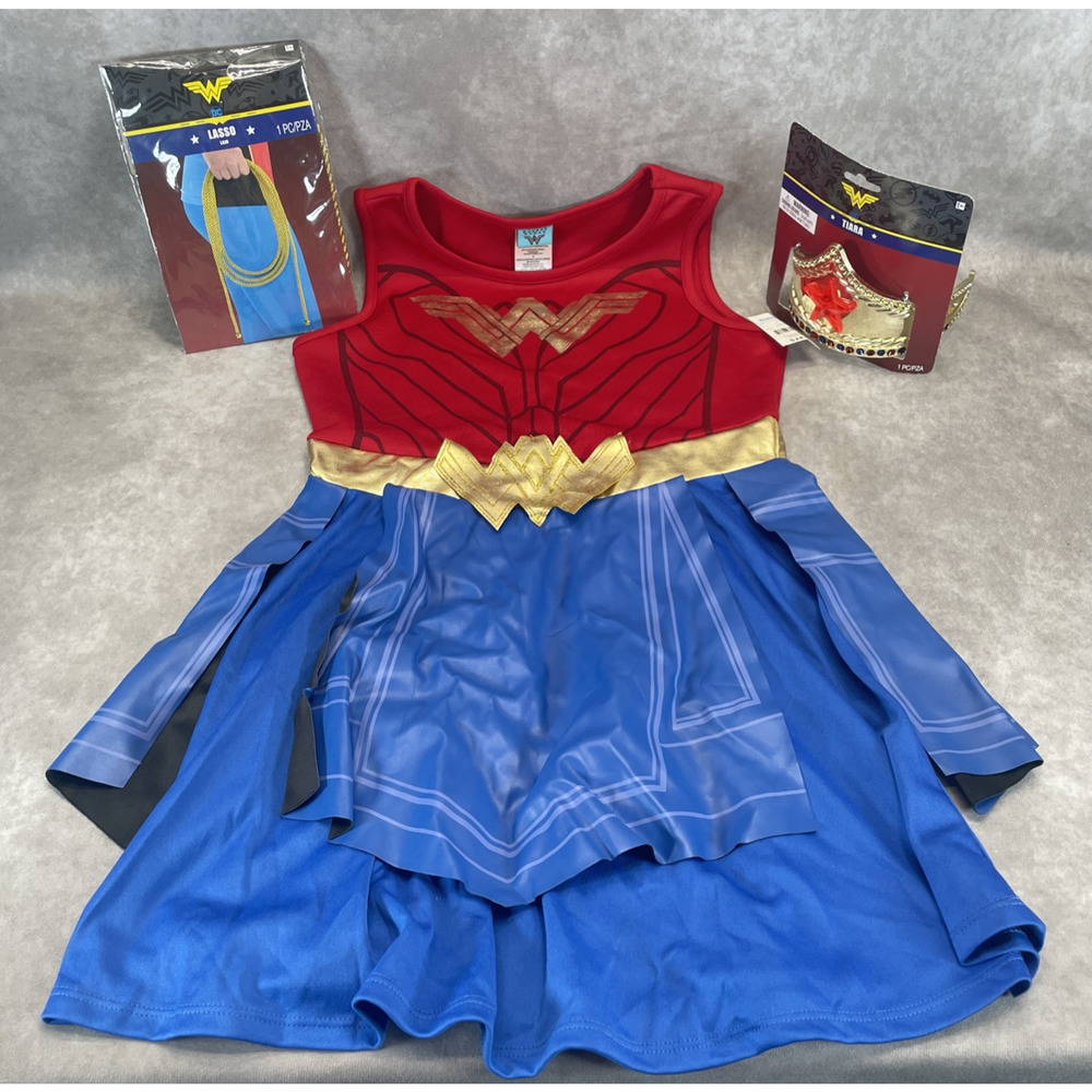 New Wonder Woman Costume Youth Size L w/Accessories Lasso & Tiara Halloween Lot